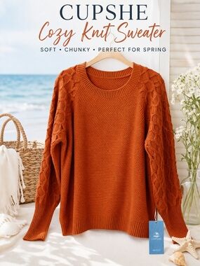 Cupshe Burnt Orange Cable Knit Sweater Medium Chunky Knit Cozy NWT